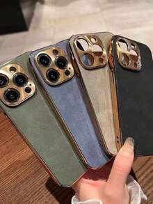 New Business Retro Stick PU Leather Material Compatible With Samsung S22/23/24/25, Compatible With IPhone 11/12/13/14/15/16/17 Pro/Pro Max, High-End Metal Lens Full Coverage Electroplated Phone Case - 藍色 - 查看 9