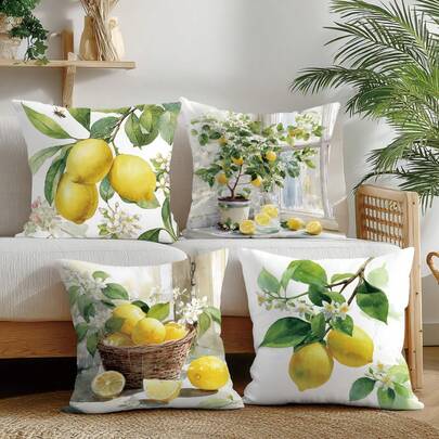 4pcs Lemon Flower Decorative Pillow Case Set, Single-Sided Printed Peach Velvet Polyester, 45*45CM/18*18inch Cushion Cover Suitable For Room Decor, Modern Minimalist Sofa Living Room Decor, Gift, Party Decoration