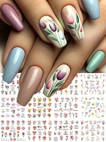 12 buc/set autocolante pentru unghii cu flori de lalele și iepure, buchet de lalele colorate, fluture, autocolante de apă cu floarea-soarelui, decorațiuni florale pentru unghii pentru primăvară și vară - Multicolor - Vizualizare 2