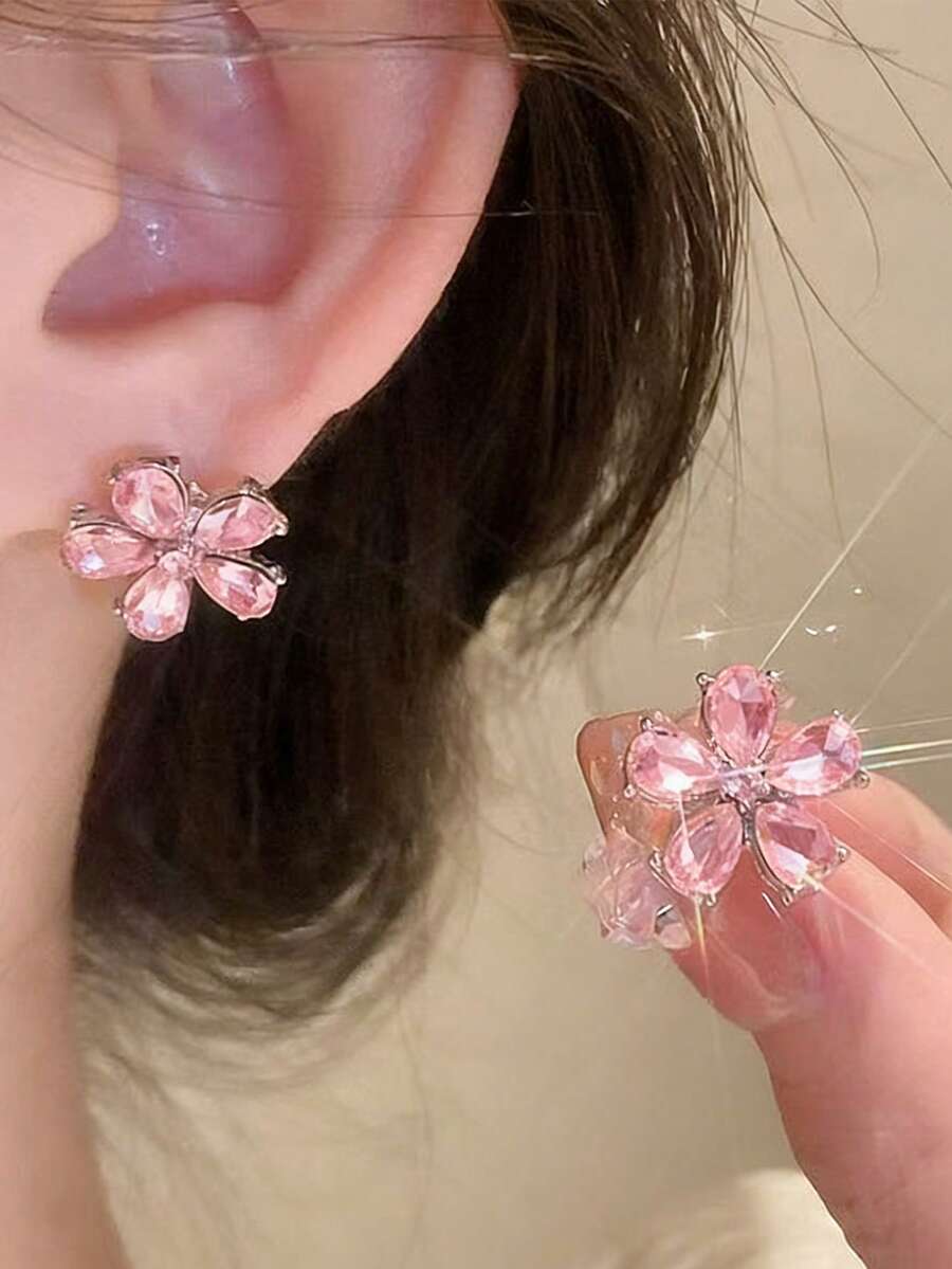 1 Pair Cute Sweet Elegant Versatile Niche Elegant Minimalist Pink Flower Stud Earrings, Suitable For Women's Daily, Festival, Party Wear - Flowers - View 1