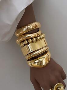 3/1pc Women's Bracelet, CCB Material Vintage Metallic Luster Bohemian Style Simple Thick Bangle, Basic Bracelet Set, Suitable For Daily Wear, Gatherings, Vacations, Parties, Jewelry Gift For Her - Yellow Gold - View 2