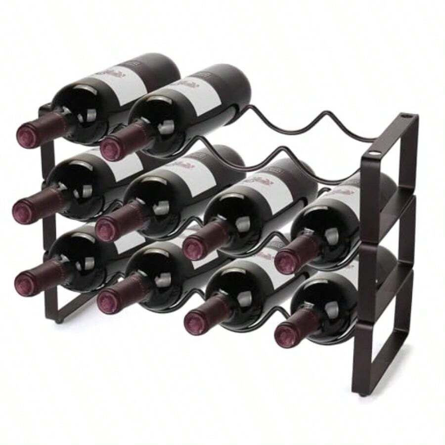 Estante apilable para vino 12 botellas mostrador de gabinete de vino de 3 niveles soporte para estante y almacenamiento soporte para botellas de vino de metal no empotrado para gabinete - Marrn - Ver 1