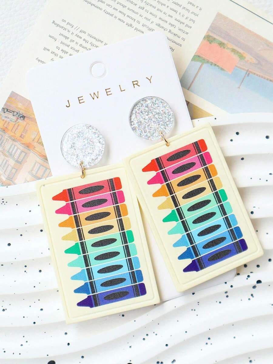 一对亚克力软陶珐琅耳环，夸张闪亮个性化耳环，教师节/返校季/毕业季节日礼物耳环 - 開學季 - 查看 1