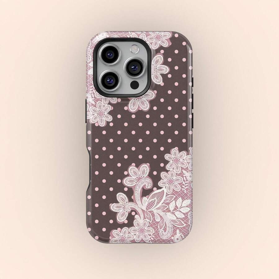 波点蕾丝花卉手机壳，复古粉色蕾丝美学设计，兼容 17/16/15/14/13/12/11 Pro Max - 彩色 - 查看 1
