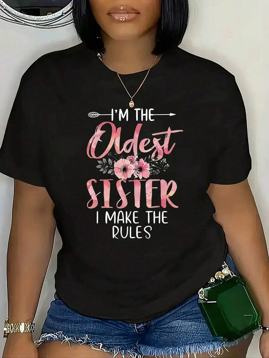 Letter Print T-Shirt, Short Sleeve Crew Neck Casual Top For Summer & Spring, Women's Clothing - màu đen - Xem 1