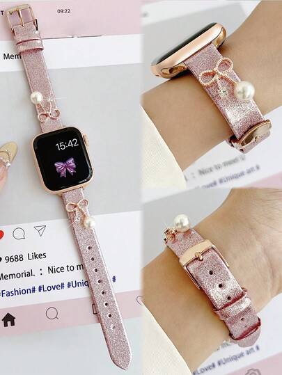 Compatible With Apple Watch Bands For Women, Fashion Creative Personalized Rose Gold Bowknot Silver Pearl Leather Watch Strap Suitable For Apple Watch Ultra3/2/1/SE/S11/S10/S9/S8/S7/S6/S5/S4/S3/S2/S1 Series, 38mm 40mm 41mm 42mm 44mm 45mm 46mm 49mm Smart Watch Accessories, Pink Band, Suitable For Parties, Dances, Travels, And Daily Outfits For Women