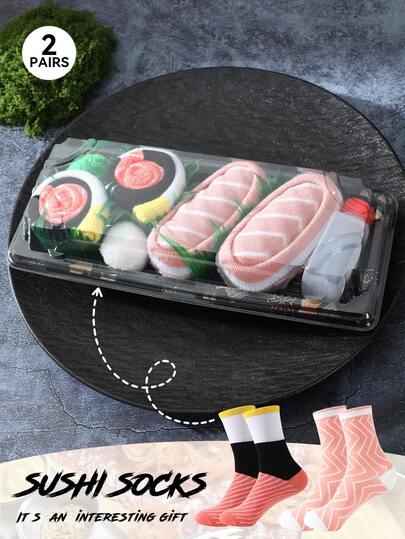 2 paires de nouvelles chaussettes d'équipage sushi multicolores intéressantes en boîte cadeau, chaussettes de sport printemps/été nouvelles, design inspiré de la nourriture créative, tissu tricoté, hautes épaisses douces et confortables, cadeau parfait pour l'anniversaire, la Saint-Valentin, Pâques, le Ramadan, le carnaval, les sorties, les fêtes, les vacances, le port décontracté unique tous les jours, tenue thématique alimentaire, convient à toutes les saisons, excellent cadeau pour les couples, les amis, les vacances, les sports de plein air, la salle de gym, la maison, le bureau, etc.