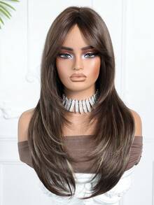 24英寸棕色蝴蝶发型长直层次感合成假发，带刘海，适合日常、派对、万圣节、圣诞节、新年狂欢节、音乐节、化装舞会等场合，耐热假发，送给女朋友的礼物，音乐节礼物 - 棕色 - 查看 4