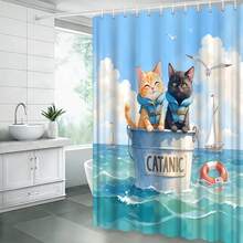 1件装海景动物猫咪图案浴帘，抽象海景猫咪印花浴帘，适用于各种房间浴室装饰隔断，浴室配件淋浴浴缸帘 - 趣味 - 查看 4