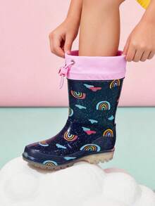 Toddler Rain Boots With Adjustable Drawstring – Lightweight Non-Slip PVC Rain Shoes For Girls, Cute Navy Rainbow Design With Pink Trim - Navy Blue - View 4