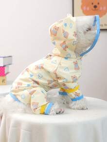 1pc Pet Raincoat, Four-Legged Hooded Waterproof Rainwear, Suitable For All Seasons - Yellow & Blue Bear Design - Yellow - View 3
