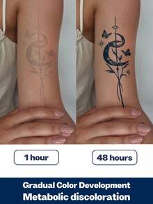2pcs Herbal Juice Semi-Permanent Magical Tattoos, Minimalist Tattoos, Elegant Mysterious Star, Moon, Branch, Leaf, Heart, Butterfly Symbols, Party/Holiday Gifts, 7-14 Days Waterproof Non-Reflective Arm, Back, Shoulder, Neck, Collarbone Body Tattoo Stickers - Blue - View 5