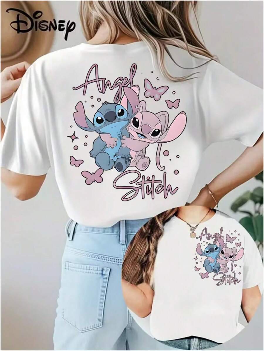 Disney Genuine Print Featuring Stitch And Angel, A Soft, Skin-Friendly AndStretchy Casual Short-Sleeve Top, A Fashionable Short-Sleeve Crew-Neck T-Shirt For Women. - trắng - Xem 1