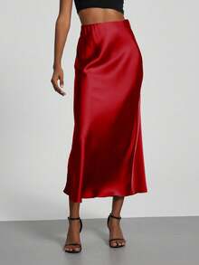 YROOE Women's Fashion All-Season Satin Elastic Waist Maxi Skirt Spring - Red - View 4