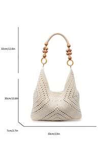 Urban Minimalist Hollow Diamond Design 2026 Spring Large Capacity Crochet Knitted Shoulder Bag, Fashion Casual Travel Tote Bag, Minimalist Off-White Color With Wooden Bead Handle Details, Soft Lightweight Touch, Open Top Design, Suitable For Travel, Beach Trips, Daily Commute, Shopping, Gifts - A - 查看 2
