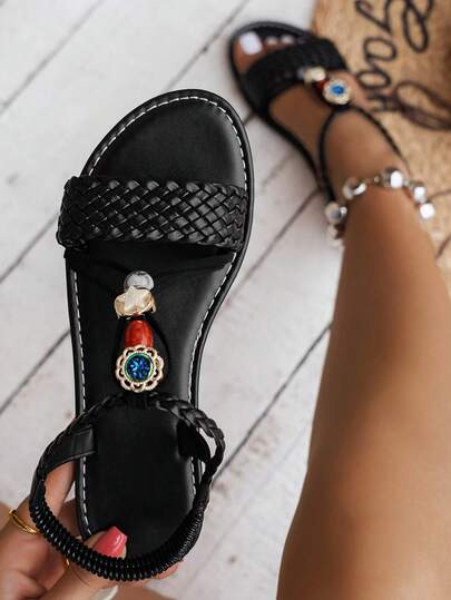 Women's Summer New Beaded Sisal Woven Sandals, Flat Shoes, Beach Vacation Flat Sandals