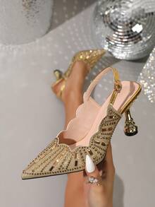 Fashionable Celebrity-Style Banquet Versatile High Heels, New Summer Rhinestone Pointed Toe Ankle Strap Crystal Women Sandals - Gold - View 1