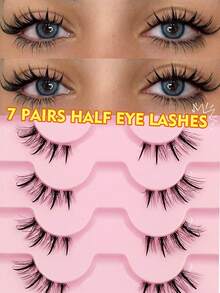 Rikuaild 7/14 Pairs Of Half Eye False Eyelashes Cartoon Style False Eyelashes Tail Lengthening Eyelashes Wet Thai False Eyelashes Cat's Eye Animation False Eyelashes Clear Band Half Lashes Suitable For Holiday Party Wedding Travel Vocation Beach Seaside Makeup - Black - View 3
