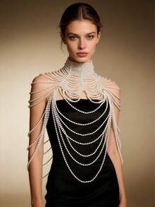 Y2K奢华珍珠肩链 - 闪亮珍珠串背链，性感派对夜店婚礼身体饰品 - 白色 - 查看 3