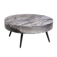 Round Coffee Table With A 70 Cm Diameter In Grey Marble Look (MDF) & Black Metal Legs. Minimalist Design, Ideal For Living Rooms And Small Spaces. - Grey - View 12