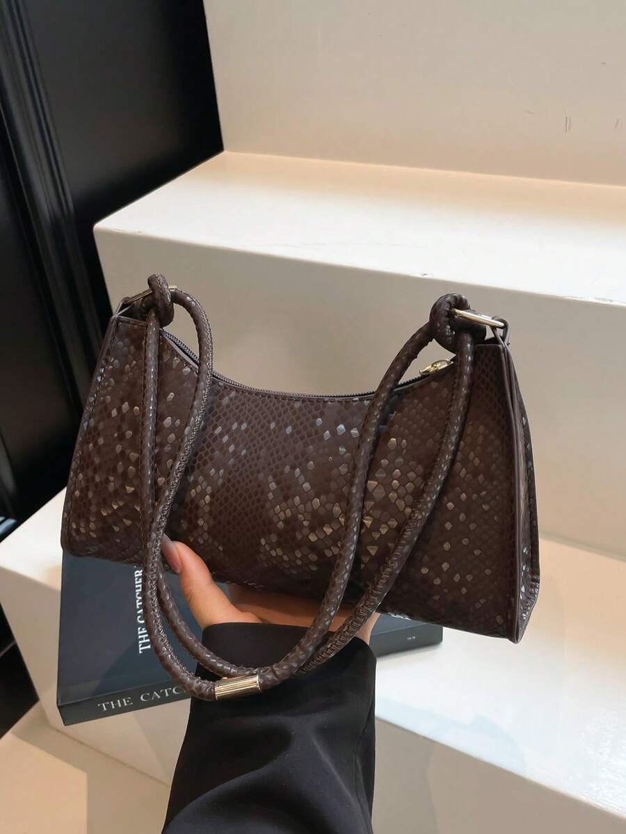 Solid Color Lacquered Leather Minimalist Luxury Baguette Bag - Coffee - View 1