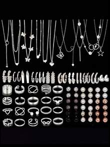 35/47/50/71/87件套 时尚简约优雅波西米亚风首饰套装，包含耳环、项链、戒指、手链，饰有心形、扭纹、蝴蝶、几何元素、波浪纹等图案，百搭日常佩戴配饰，款式随机。 - 銀色 - 查看 8