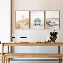 3件套 2D 平面现代风景墙画，清新海滩、灯塔、小屋、船只，帆布画，客厅装饰、家居装饰、房间装饰、墙面装饰、卧室装饰，现代理想家居墙面装饰礼品，无框 - A - 查看 3
