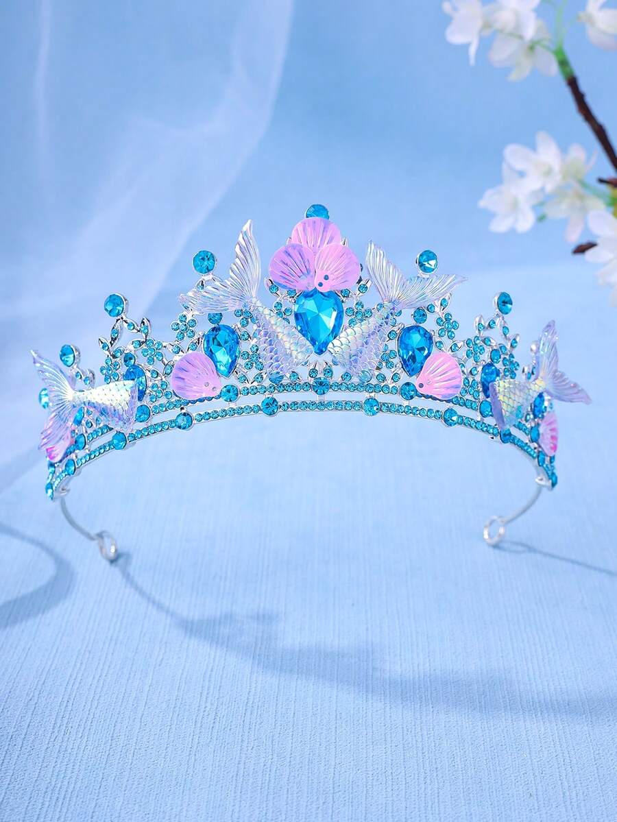 1pc Elegant Crystal Princess Crown, Starfish, Seashell, Mermaid Tail Hair Hoop, Performance/Birthday Gift Headband - Baby Blue - View 1