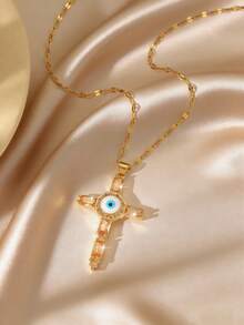 Vintage Devil's Eye Cross Necklace, Colorful Rhinestone Inlaid Delicate Choker, Luxury Lightweight Necklace - Multicolor - View 18