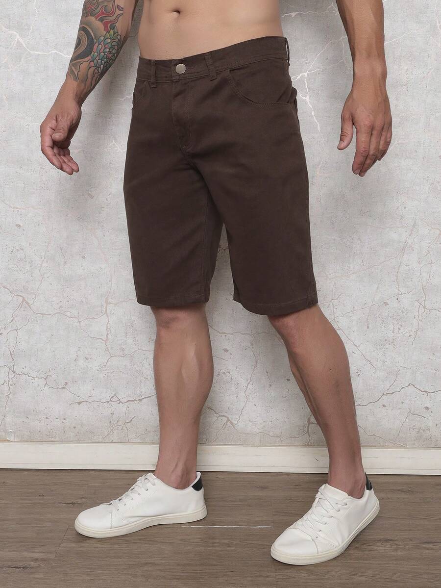 Men's Slim Fit Twill Bermuda Shorts With Lycra - Coffee Brown - View 1