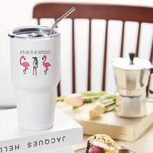 30oz Stainless Steel Tumbler Black White Options,  It's Ok To Be Different Flamingo Design Graphic Cups, Insulated Travel Coffee Mug With Lid And Straw , Double Wall Vacuum Reusable Travel Cups, Funny Birthday Party Gift For Women & Men - 白色 - 查看 2