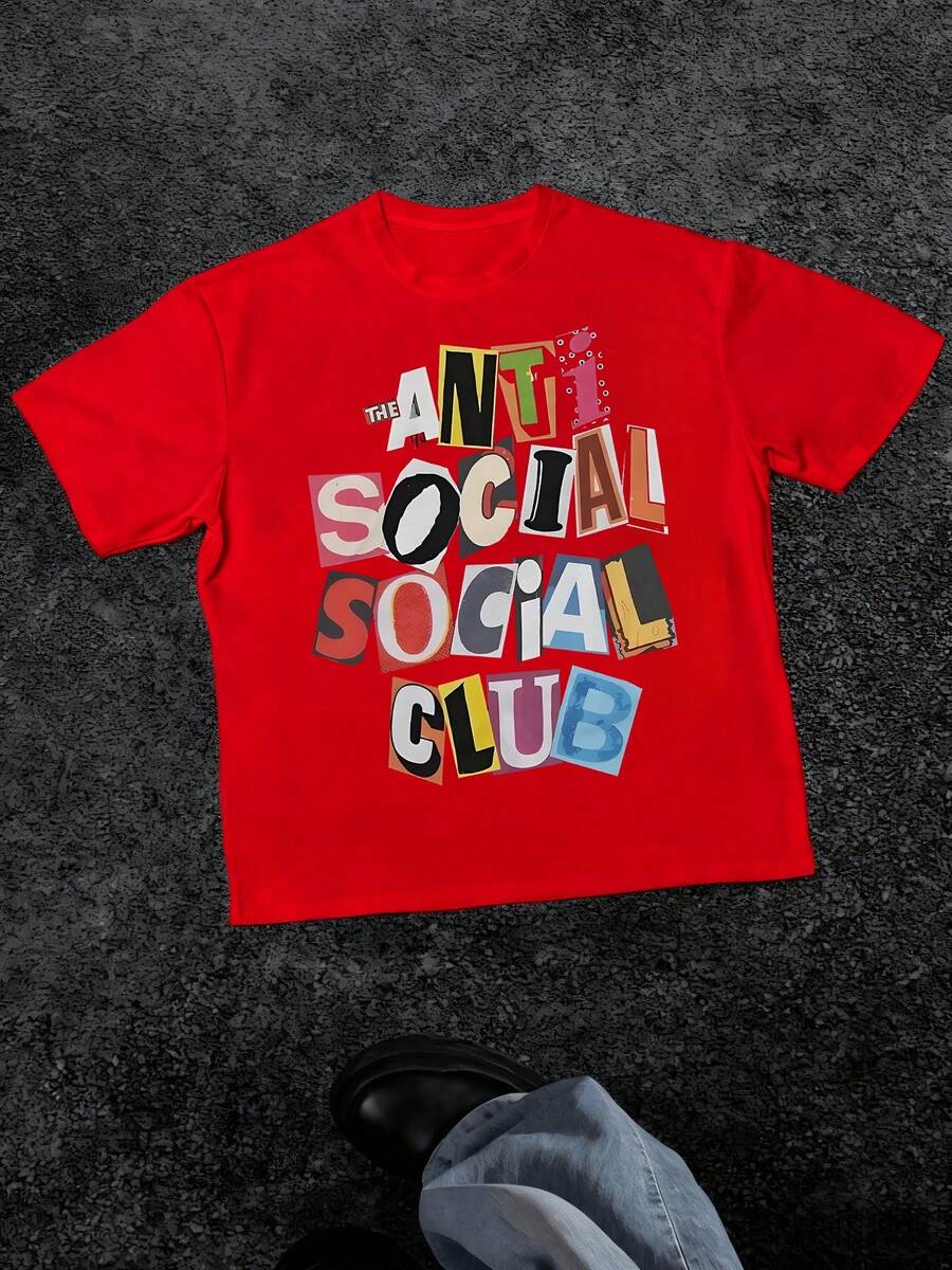 Men's Anti Social Club Graphic Print T Shirt Streetwear 100% Cotton Tee  Casual Short Sleeve T Shirt - 紅色 - 查看 1