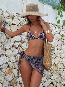 Set Baju Renang Bikini Seksi Motif Leopard 3 Potong dengan Tali Depan, Cocok untuk Musim Semi, Musim Panas, Pantai, Resor, Panggung, dan Liburan Konser - Coklat - View 5