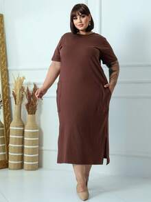 Plus Size Casual Dress With Pocket And Side Slit - 鏽棕色 - 查看 8