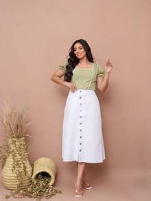 Long Plain White Denim Skirt With Buttons And Pockets 100% Luxury Jeans Evangelical Fashion - trắng - Xem 11