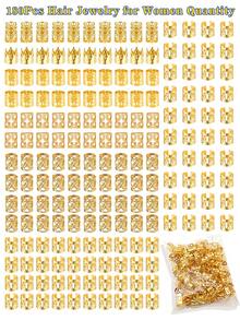 180pcs Hair Rings Collection(Shaped-Sun & Crown) - Multi-Style Adjustable Alloy Hair Cuffs, Boho Hair Jewelry For Women's Dreadlocks & Braids - Gold - View 4