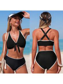 Ladies' Summer Beach Bikini Set, Featuring Contrast Trim Design, V-Neck, No Underwire Support, Removable Soft Bra Pads, And Classic High-Waisted Design For The Swim Trunks, Perfectly Wrapping The Abdomen. Silky Smooth, Highly Elastic, And Breathable Quick-Dry Fabric. Suitable For Swimming, Surfing, Beach, Tropical Vacation, Honeymoon, Sports, Water Park, Pool Party, Etc. - 黑色 - 查看 6