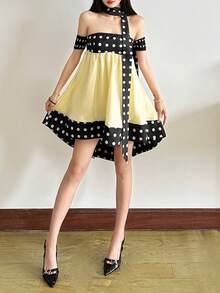 闪亮性感无袖露背波点迷你连衣裙，针织面料不对称修身派对连衣裙，女士 - 黑色 - 查看 6