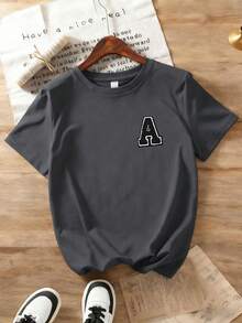 2pcs Tween Girl Letter A Print Short Sleeve T-Shirt And Flare Pants Set, Soft And Machine Washable, Spring/Summer - Dark Grey - View 3
