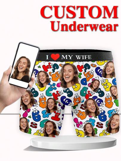 Customized Boxer Briefs For Men, Personalized Photo Print Men's Underwear With "I ❤️ MY WIFE" & Colorful Number Design, Husband's Exclusive Customized Boxer Briefs, Funny Expression Customized Boxer Briefs, Cute, Fun, Comfortable, Unique, Ideal Valentine's Day, Anniversary, Birthday, Wedding Gift For Boyfriend, Husband, Him, Perfect For Fitness Guys