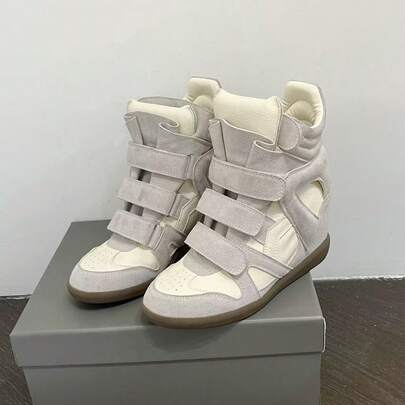 女士休闲撞色PU皮革魔术贴运动鞋，适合春秋季户外穿着