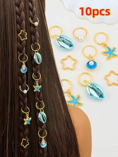 10pcs Blue Series Fresh Shell & Starfish Element Fashion Hair Accessories