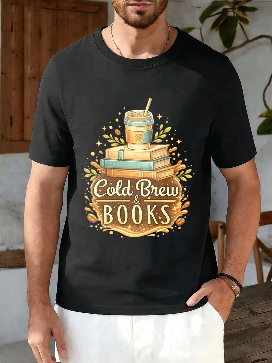 Maglietta Cold Brew Books Coffee Lover in tessuto di qualità, vestibilità ampia, street hip-hop, comoda, stampa artistica - nero - Visualizzare 1