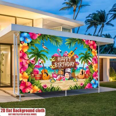 1pc 2D Flat Hawaiian Luau Themed Banner, Suitable For Joyful Birthday Celebrations. This Polyester Decorative Item Can Be Used As A Background For Home, Room And Wall Decor, As Well As Party Supplies And Gifts.