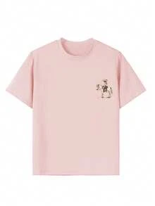 女童休闲趣味印花圆领短袖T恤，夏季上衣 - 粉色 - 查看 8