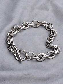 1 pieza Pulsera de acero inoxidable con cadena gruesa de plata de moda y cierre OT, adecuada para uso casual, fiesta y regalo de vacaciones para hombres - Plateado - Ver 3