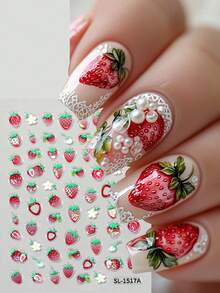 2pcs 3D Embossed Laser Strawberry Scented Nail Stickers, Self-Adhesive Strawberry Pattern Nail Art Decals, Suitable For Women And Girls In Spring/Summer - Multicolor - View 3