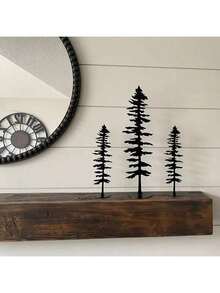 3pcs Black Metal Pine Tree Decor Set - Rustic Natural Style Decoration, Ideal For Nature Lovers, No Power Needed, Easy To Install On Wooden Surfaces, Suitable For Office Desk, Living Room Decor, Etc. - Perfect Holiday Gift - Squirrel - View 3