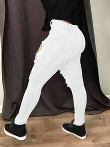 Ripped Skinny Sexy Jeggings Casual Spring White - White - View 5