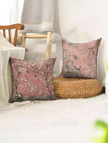 1/2/4 piezas Funda de almohada de estilo chino vintage con diseño de pájaros y flores, de fibra de poliéster suave, tamaño 17.7X17.7 pulgadas (45X 45cm), con cierre de cremallera, lavable a máquina, impresa, adecuada para la decoración del hogar en la sala de estar y el dormitorio - Rosa - Ver 3
